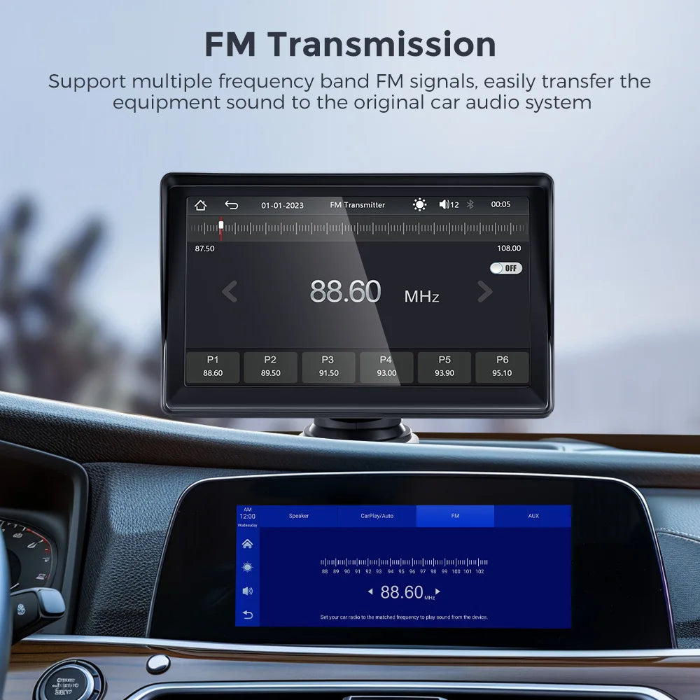 Autoradio 7 pouces Carplay sans fil Android Auto Lecteur multimédia portable de voiture avec émetteur FM BT WiFi AUX USB Écran